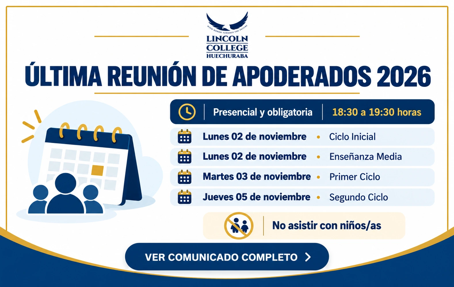 Última reunión de apoderados 2026: presencial y obligatoria, de 18:30 a 19:30 horas, con fechas por ciclo entre el 2 y el 5 de noviembre.